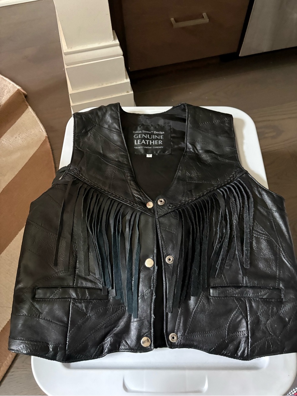 Vintage Navarre Genuine Black Leather Fringe Patchwork Vest